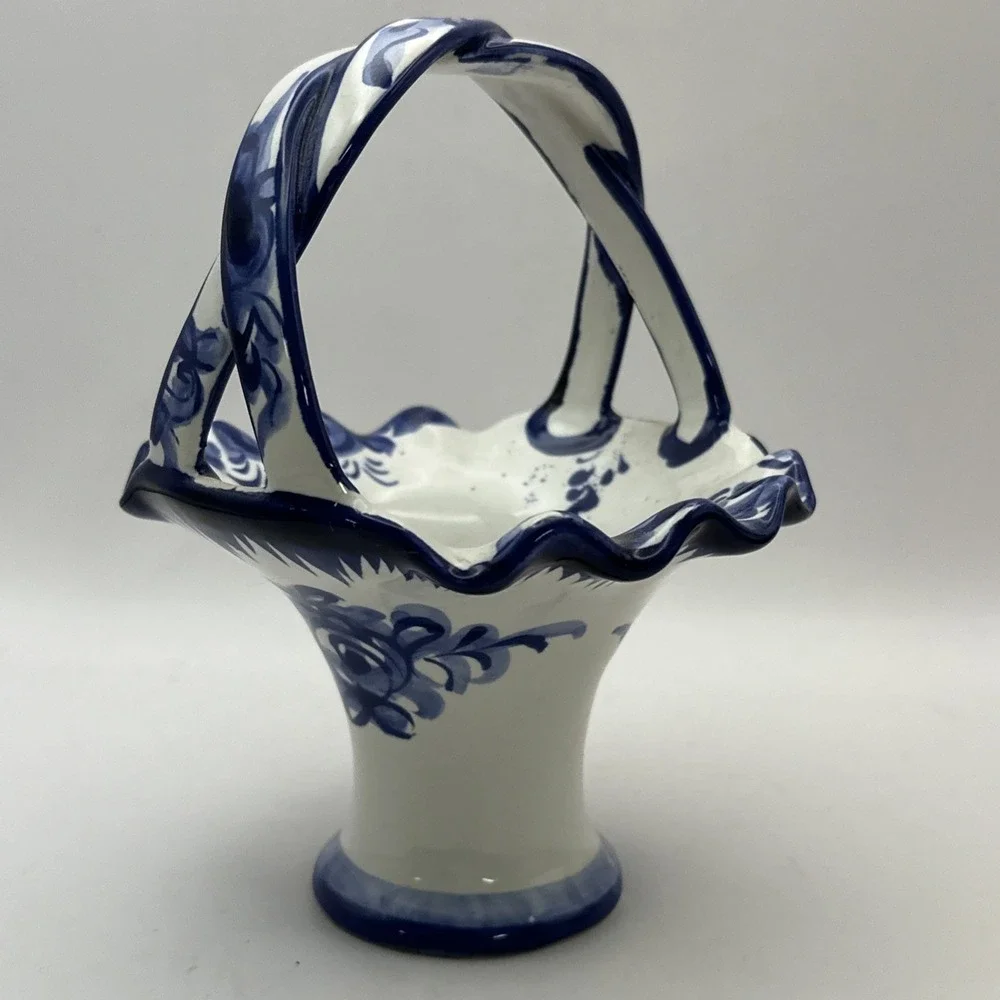 Blue & White Ceramic Floral Basket Hand Painted Portugal Pottery 9